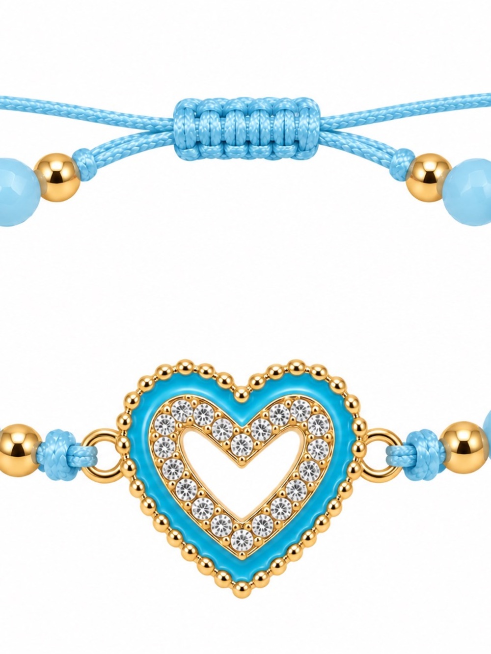 Gold Heart Bracelet with Turquoise Cord and Crystal Accents